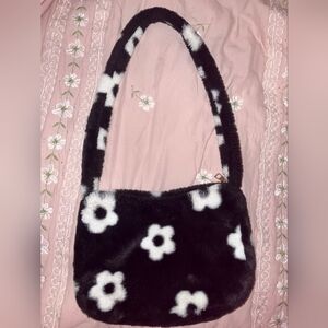 Floral Black and White Faux Fur Shoulder Bag